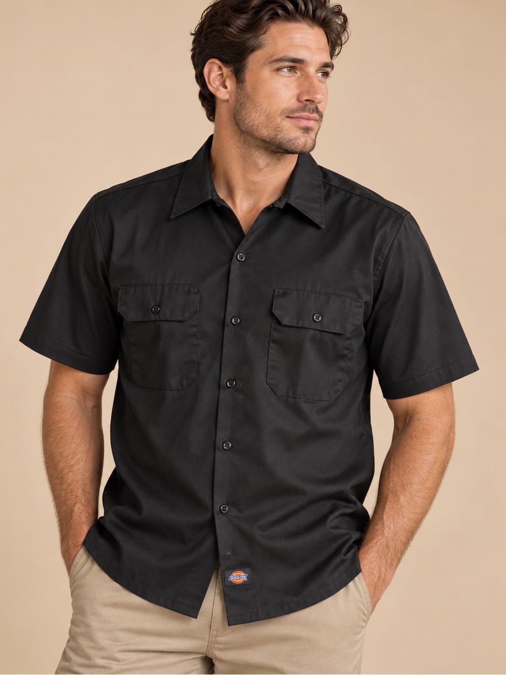 Dickies Black Short-Sleeve Button-Front Work Shirt Size M